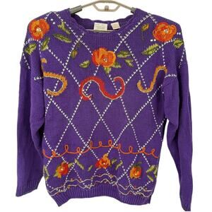 Needles & Yarn Vintage Pumpkin Halloween Fall Sweater Purple Size Medium